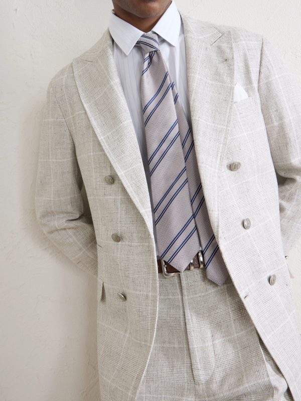 Double-Breasted Checked Linen-Blend Suit Jacket - E2 Double-Breasted Checked Linen-Blend Suit Jacket - E2