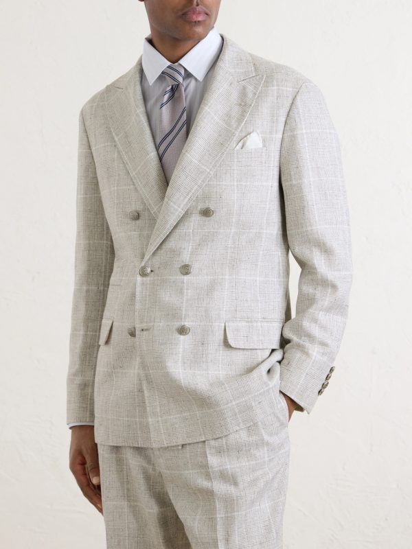 Double-Breasted Checked Linen-Blend Suit Jacket - FR Double-Breasted Checked Linen-Blend Suit Jacket - FR