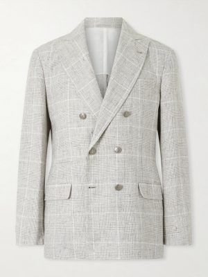 Double-Breasted Checked Linen-Blend Suit Jacket
