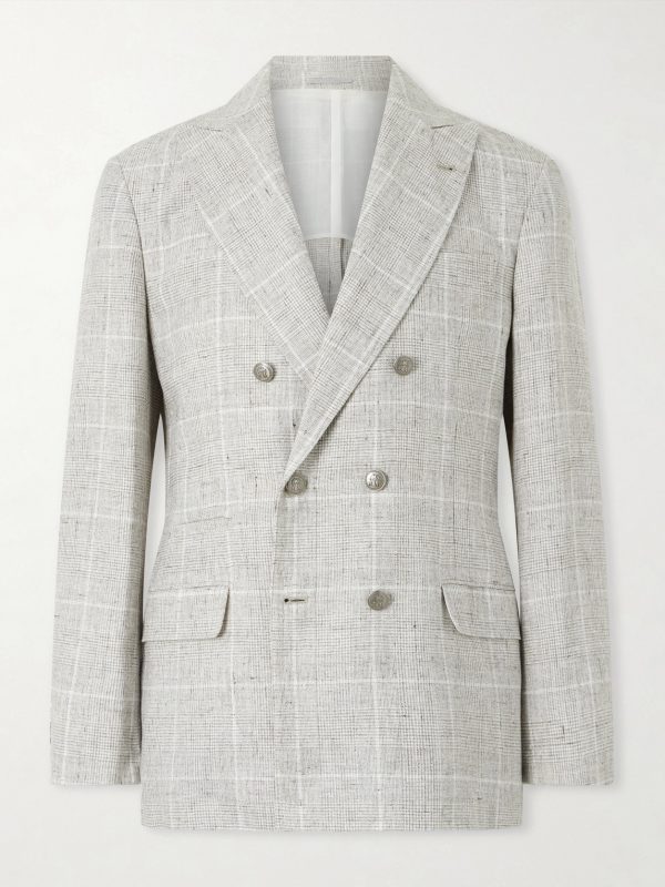 Double-Breasted Checked Linen-Blend Suit Jacket Double-Breasted Checked Linen-Blend Suit Jacket