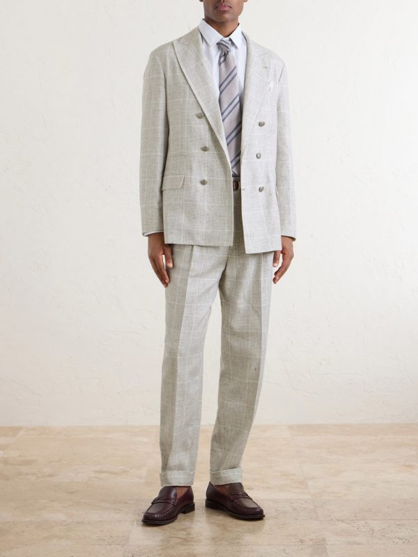Double-Breasted Checked Linen-Blend Suit Jacket - OU Double-Breasted Checked Linen-Blend Suit Jacket - OU