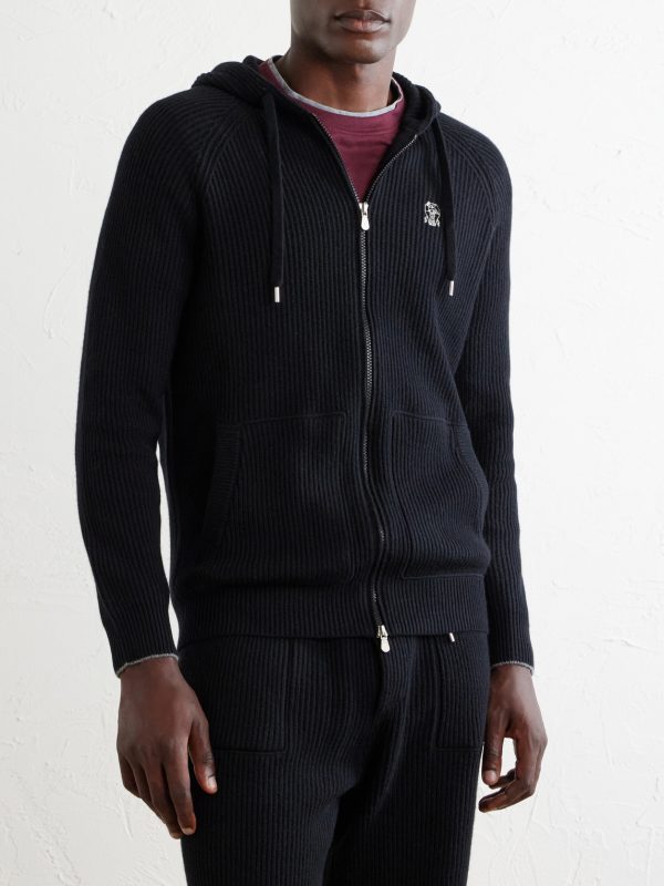 Logo-Embroidered Ribbed Cashmere Zip-Up Hoodie - FR Logo-Embroidered Ribbed Cashmere Zip-Up Hoodie - FR
