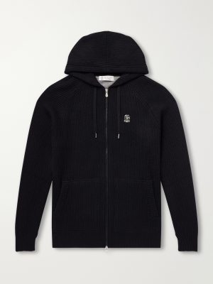 Logo-Embroidered Ribbed Cashmere Zip-Up Hoodie Logo-Embroidered Ribbed Cashmere Zip-Up Hoodie