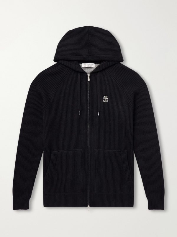 Logo-Embroidered Ribbed Cashmere Zip-Up Hoodie Logo-Embroidered Ribbed Cashmere Zip-Up Hoodie