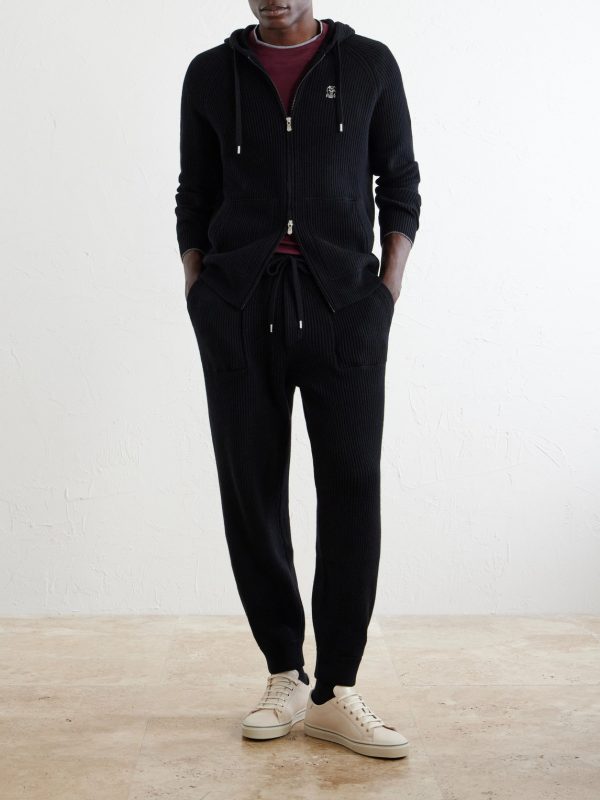 Logo-Embroidered Ribbed Cashmere Zip-Up Hoodie - OU Logo-Embroidered Ribbed Cashmere Zip-Up Hoodie - OU