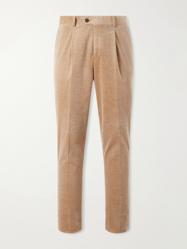Straight-Leg Pleated Cotton-Blend Corduroy Trousers