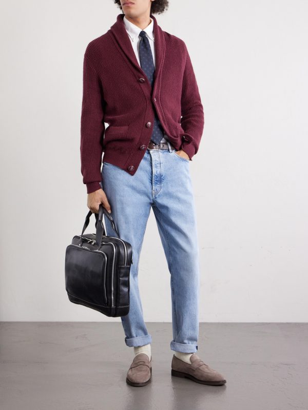 Shawl-Collar Ribbed Cotton Cardigan - OU Shawl-Collar Ribbed Cotton Cardigan - OU