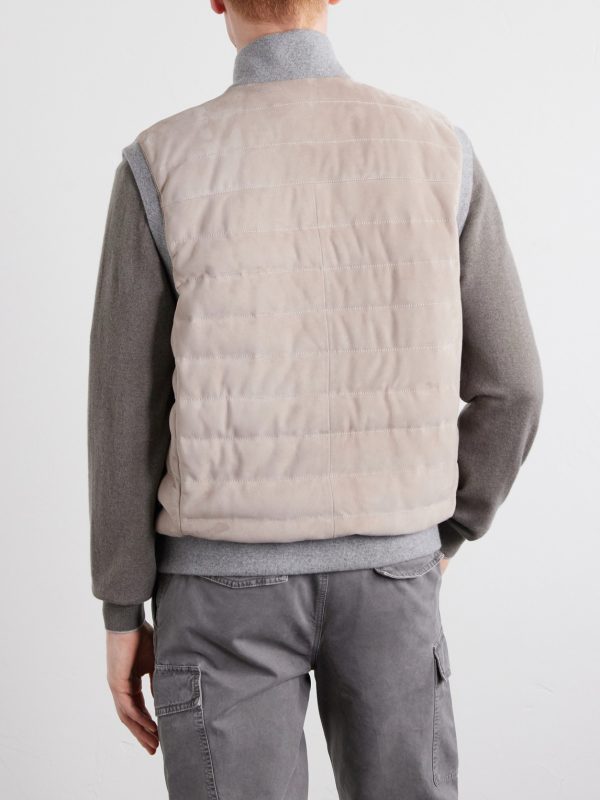 Padded Cashmere-Trimmed Quilted Suede Gilet - BK Padded Cashmere-Trimmed Quilted Suede Gilet - BK