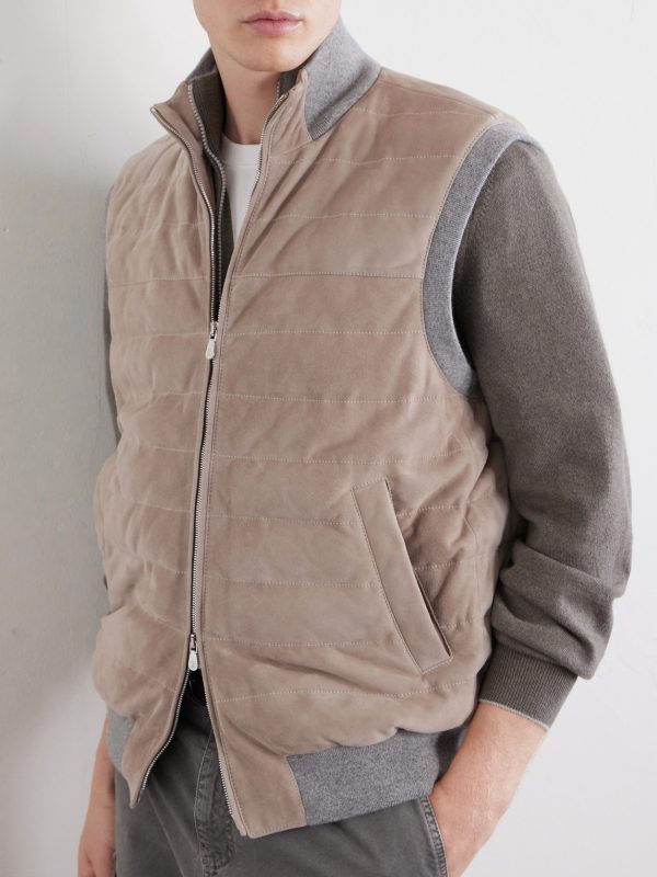Padded Cashmere-Trimmed Quilted Suede Gilet - CU Padded Cashmere-Trimmed Quilted Suede Gilet - CU