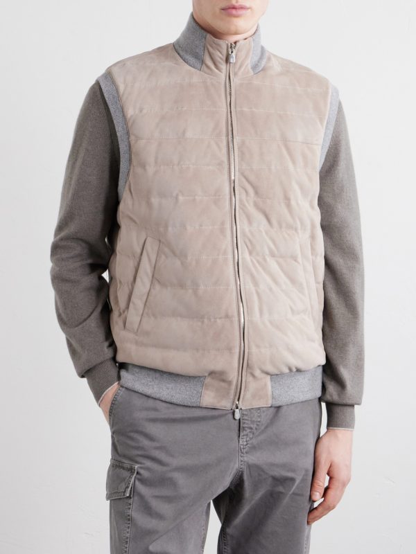 Padded Cashmere-Trimmed Quilted Suede Gilet - FR Padded Cashmere-Trimmed Quilted Suede Gilet - FR