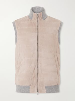 Padded Cashmere-Trimmed Quilted Suede Gilet