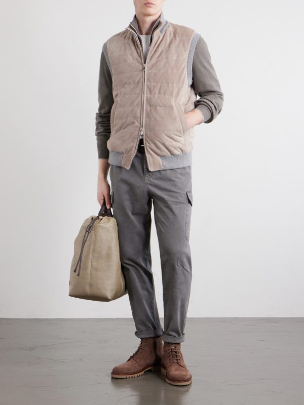 Padded Cashmere-Trimmed Quilted Suede Gilet - OU Padded Cashmere-Trimmed Quilted Suede Gilet - OU