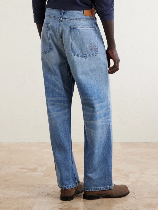 Wide-Leg Logo-Embroidered Distressed Jeans - BK Wide-Leg Logo-Embroidered Distressed Jeans - BK