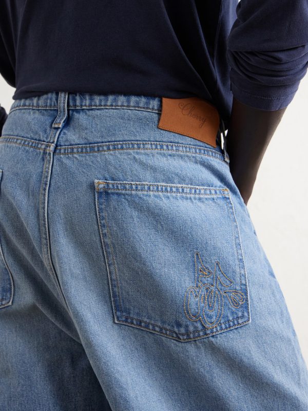 Wide-Leg Logo-Embroidered Distressed Jeans - CU Wide-Leg Logo-Embroidered Distressed Jeans - CU