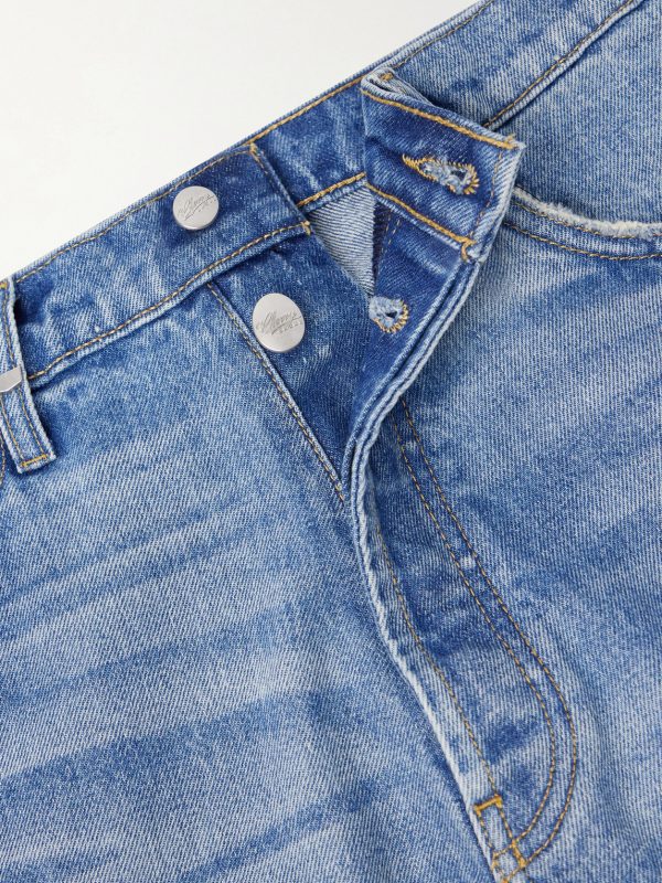 Wide-Leg Logo-Embroidered Distressed Jeans - E1 Wide-Leg Logo-Embroidered Distressed Jeans - E1