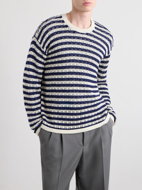 Eyelet Striped Open-Knit Cotton Sweater - FR