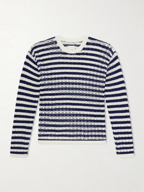Eyelet Striped Open-Knit Cotton Sweater