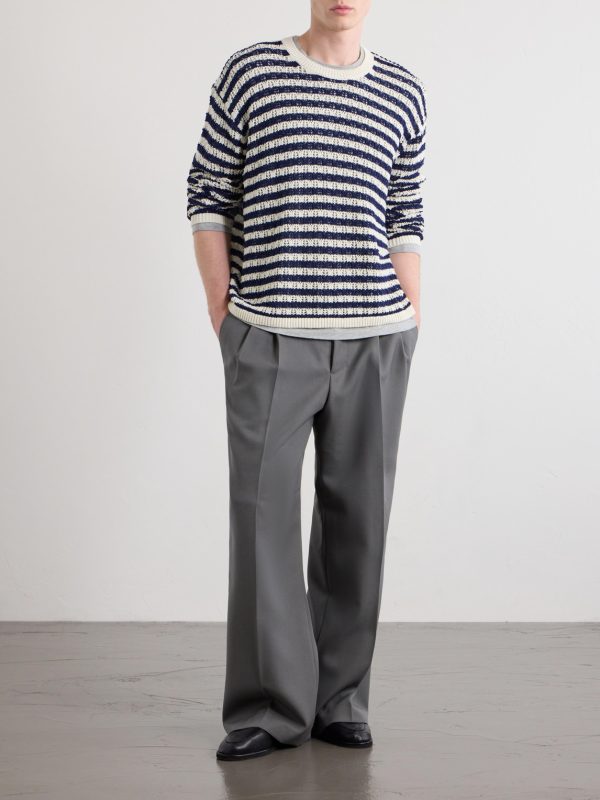 Eyelet Striped Open-Knit Cotton Sweater - OU