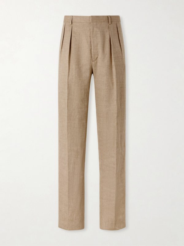 Straight-Leg Pleated Linen, Cotton and Silk-Blend Suit Trousers