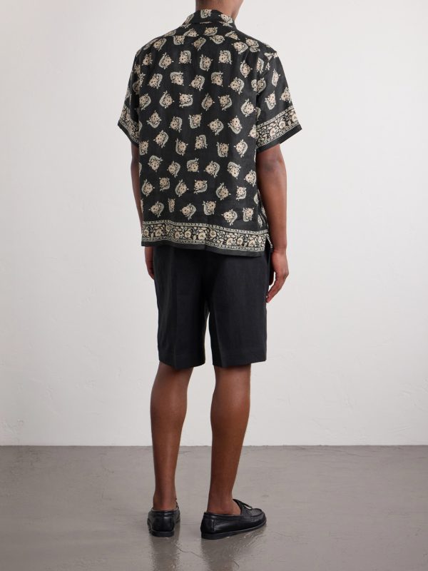 Convertible-Collar Paisley-Print Linen Shirt - BK Convertible-Collar Paisley-Print Linen Shirt - BK
