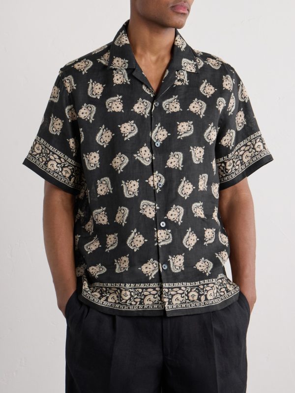 Convertible-Collar Paisley-Print Linen Shirt - FR Convertible-Collar Paisley-Print Linen Shirt - FR