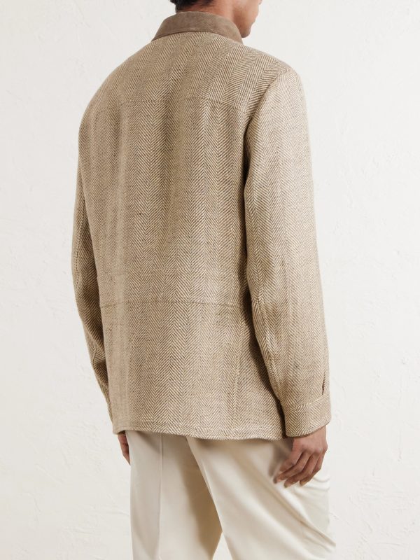Corduroy and Suede-Trimmed Herringbone Linen Field Jacket - BK Corduroy and Suede-Trimmed Herringbone Linen Field Jacket - BK