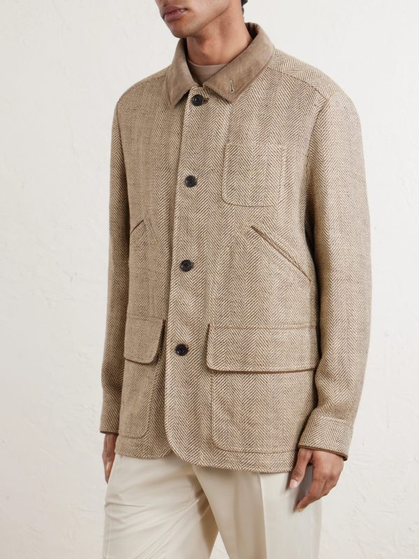 Corduroy and Suede-Trimmed Herringbone Linen Field Jacket - FR Corduroy and Suede-Trimmed Herringbone Linen Field Jacket - FR