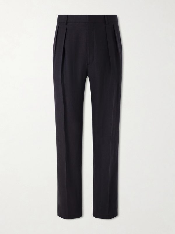 Straight-Leg Pleated Silk and Linen-Blend Trousers