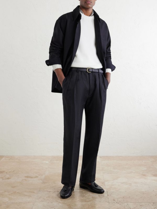 Straight-Leg Pleated Silk and Linen-Blend Trousers - OU