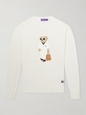 Polo Bear Logo-Appliquéd Leather-Trimmed Knitted Silk and Linen-Blend Sweater