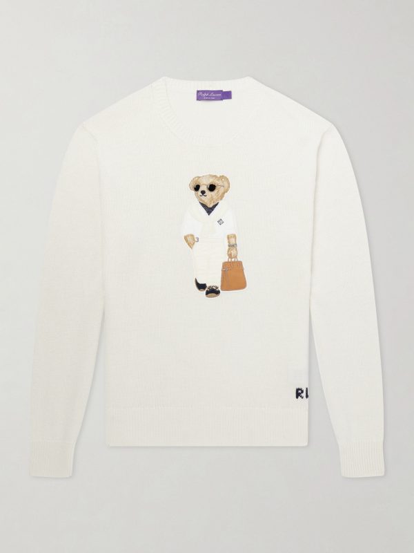 Polo Bear Logo-Appliquéd Leather-Trimmed Knitted Silk and Linen-Blend Sweater