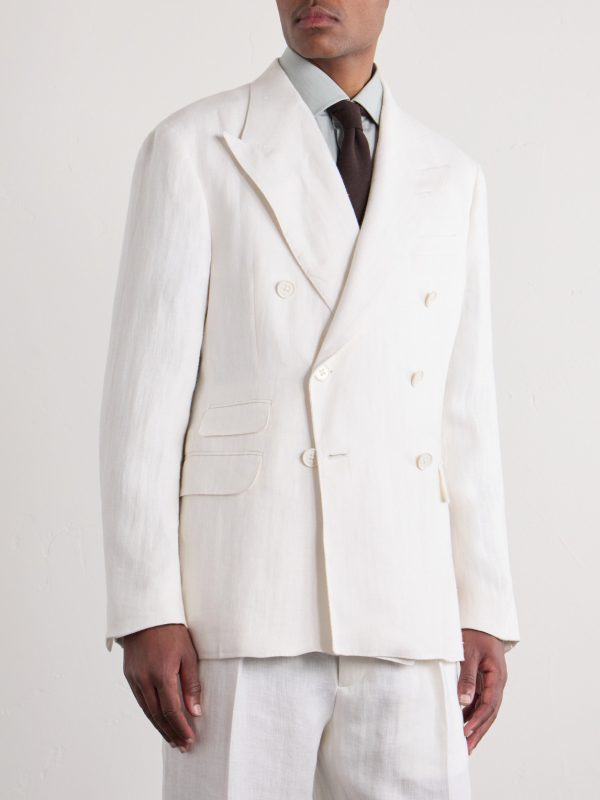Double-Breasted Herringbone Linen Suit Jacket - FR