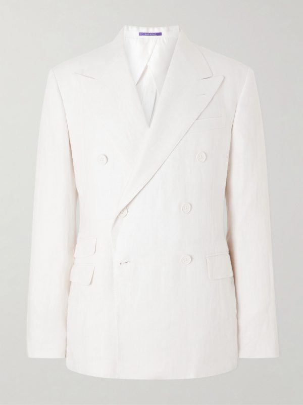 Double-Breasted Herringbone Linen Suit Jacket