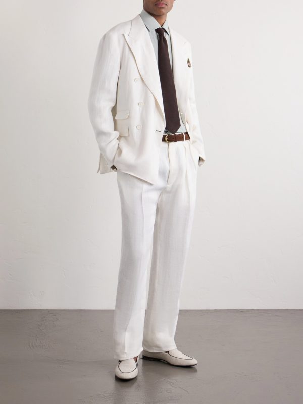 Double-Breasted Herringbone Linen Suit Jacket - OU