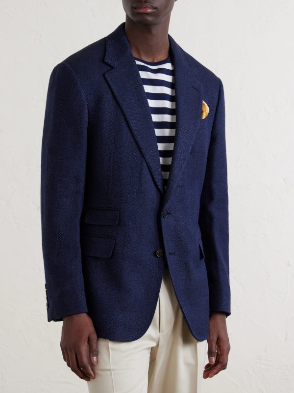 Herringbone Cotton, Silk and Linen-Blend Blazer - FR Herringbone Cotton, Silk and Linen-Blend Blazer - FR