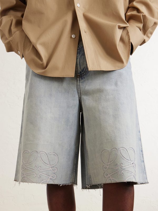 Wide-Leg Anagram-Embroidered Denim Shorts - E2 Wide-Leg Anagram-Embroidered Denim Shorts - E2
