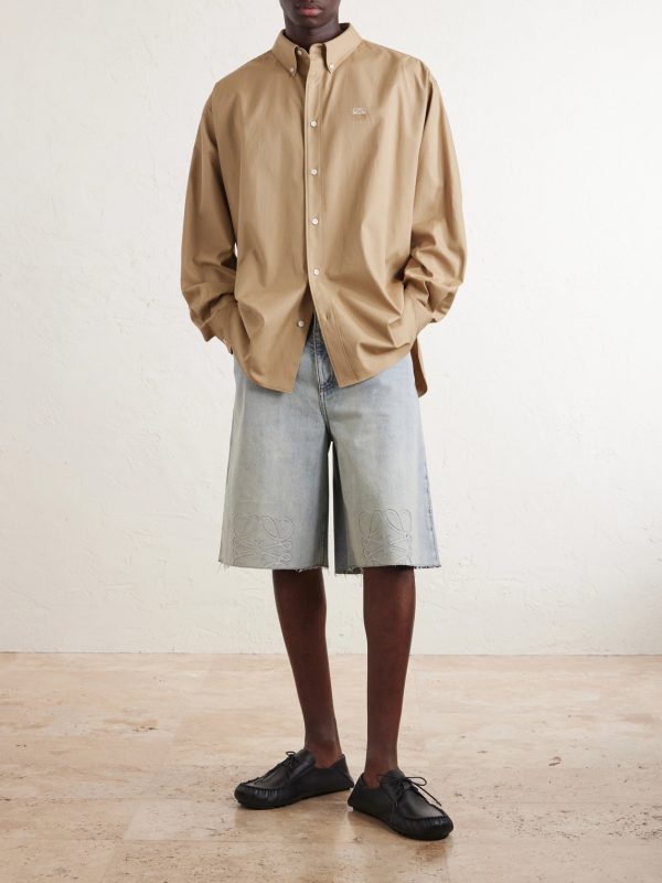 Wide-Leg Anagram-Embroidered Denim Shorts - OU Wide-Leg Anagram-Embroidered Denim Shorts - OU