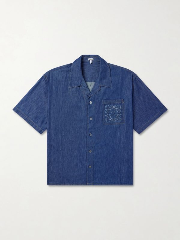 Camp-Collar Anagram-Detail Denim Shirt