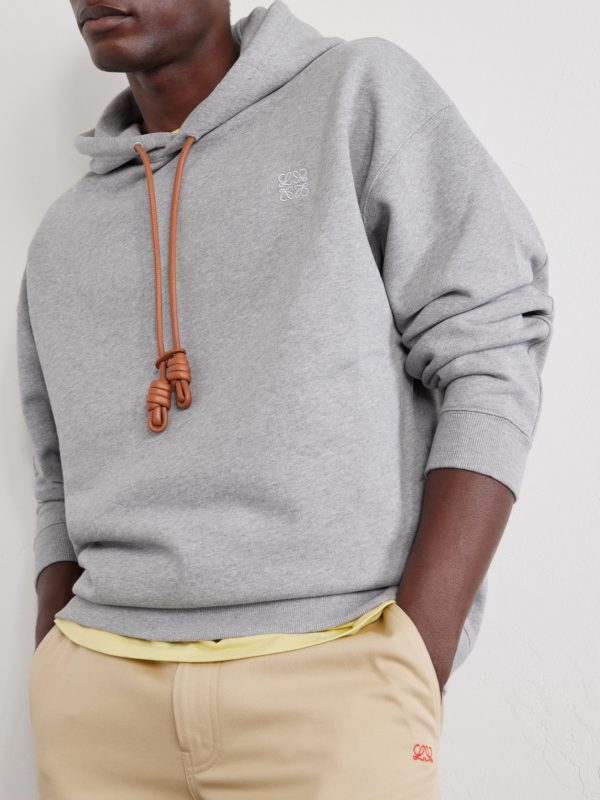 Anagram-Embroidered Leather-Trimmed Cotton-Fleece Hoodie - CU Anagram-Embroidered Leather-Trimmed Cotton-Fleece Hoodie - CU