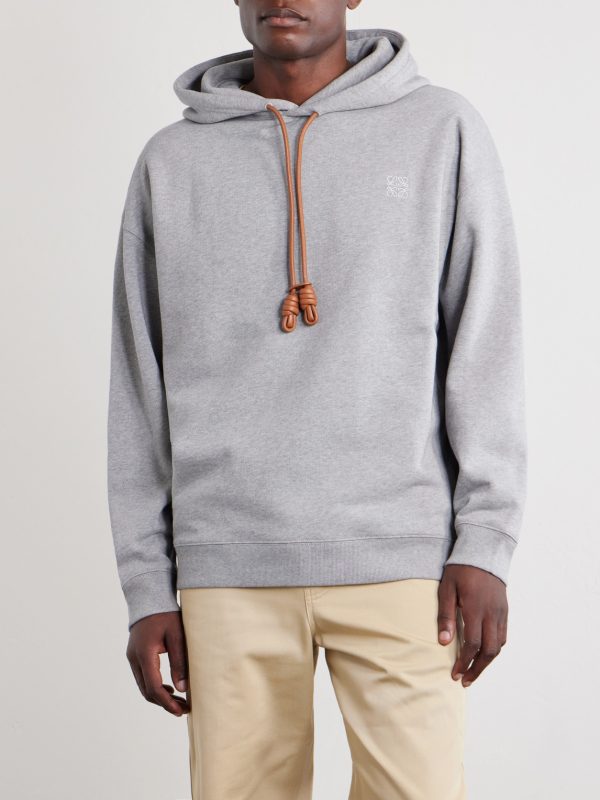Anagram-Embroidered Leather-Trimmed Cotton-Fleece Hoodie - FR Anagram-Embroidered Leather-Trimmed Cotton-Fleece Hoodie - FR