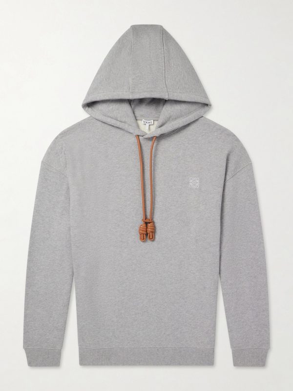 Anagram-Embroidered Leather-Trimmed Cotton-Fleece Hoodie Anagram-Embroidered Leather-Trimmed Cotton-Fleece Hoodie