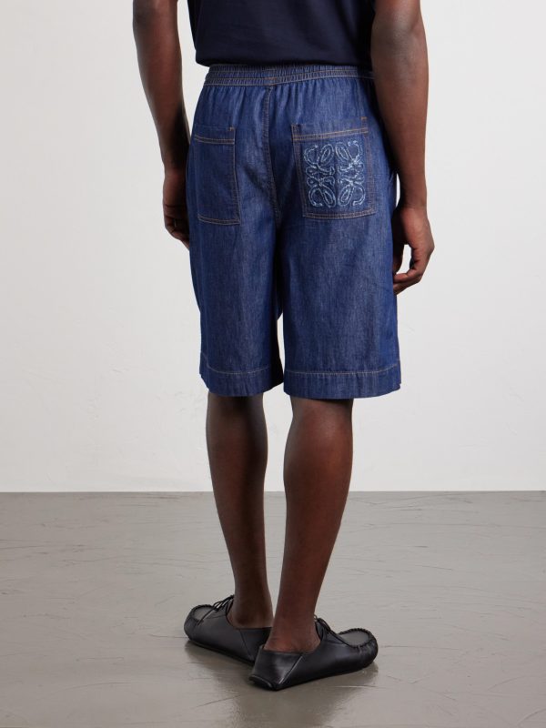 Wide-Leg Anagram-Detailed Cotton-Chambray Drawstring Shorts - BK Wide-Leg Anagram-Detailed Cotton-Chambray Drawstring Shorts - BK