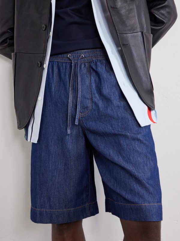 Wide-Leg Anagram-Detailed Cotton-Chambray Drawstring Shorts - E1 Wide-Leg Anagram-Detailed Cotton-Chambray Drawstring Shorts - E1