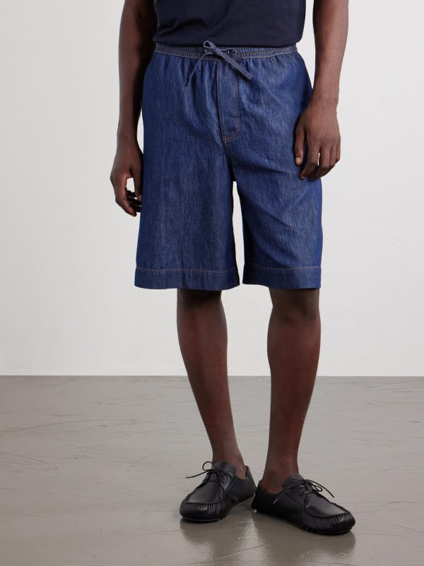 Wide-Leg Anagram-Detailed Cotton-Chambray Drawstring Shorts - FR Wide-Leg Anagram-Detailed Cotton-Chambray Drawstring Shorts - FR