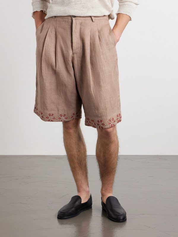 Straight-Leg Embellished Pleated Shorts - FR Straight-Leg Embellished Pleated Shorts - FR
