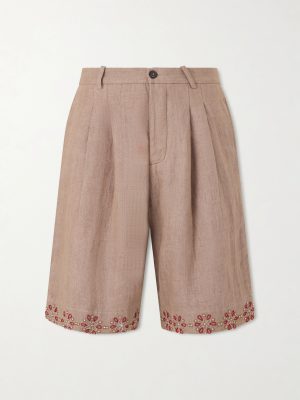 Straight-Leg Embellished Pleated Shorts