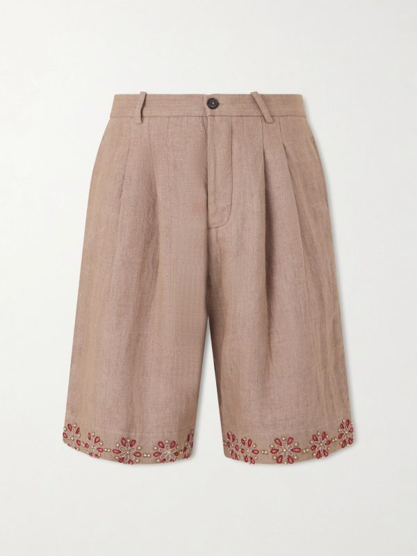 Straight-Leg Embellished Pleated Shorts Straight-Leg Embellished Pleated Shorts