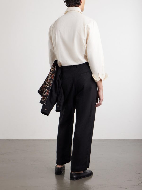 Straight-Leg Zardozi Embroidered Pleated Linen Trousers - BK