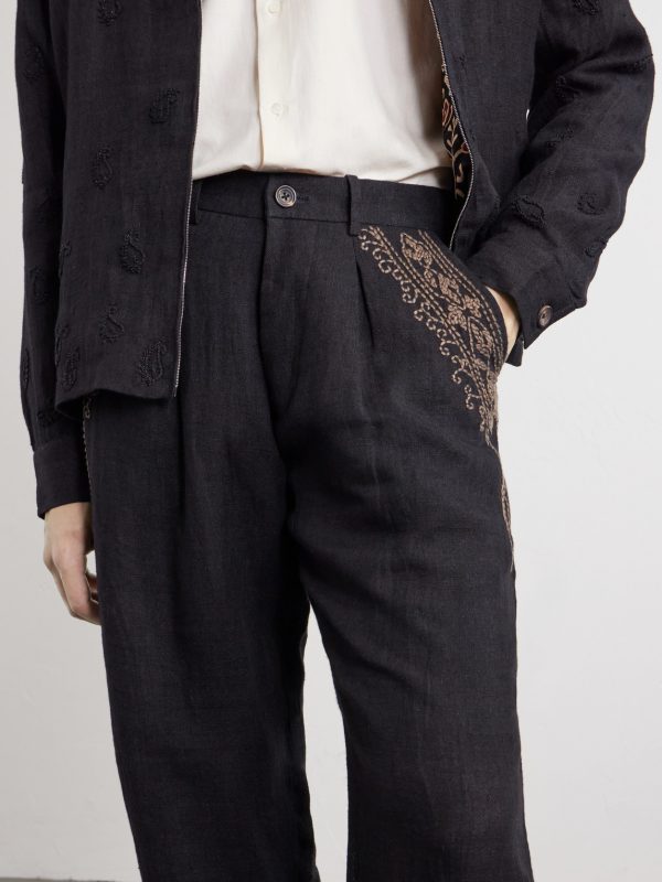 Straight-Leg Zardozi Embroidered Pleated Linen Trousers - CU