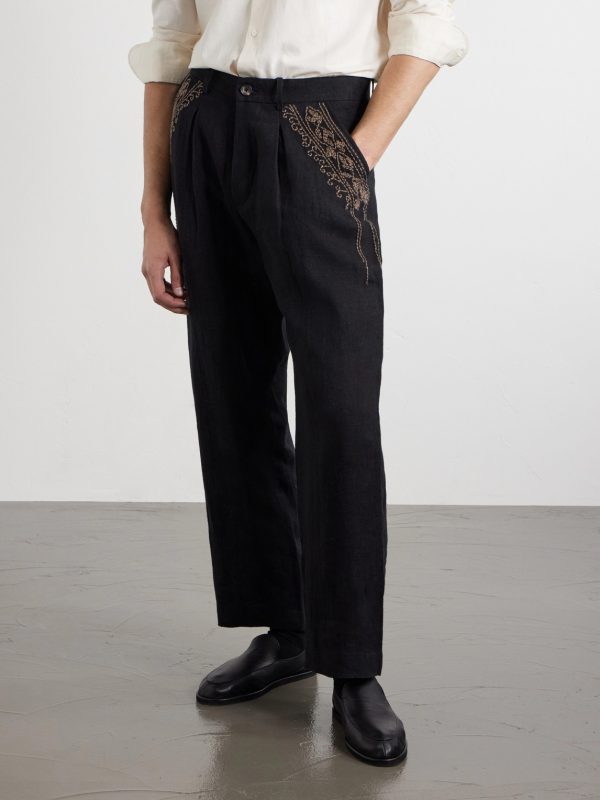 Straight-Leg Zardozi Embroidered Pleated Linen Trousers - FR